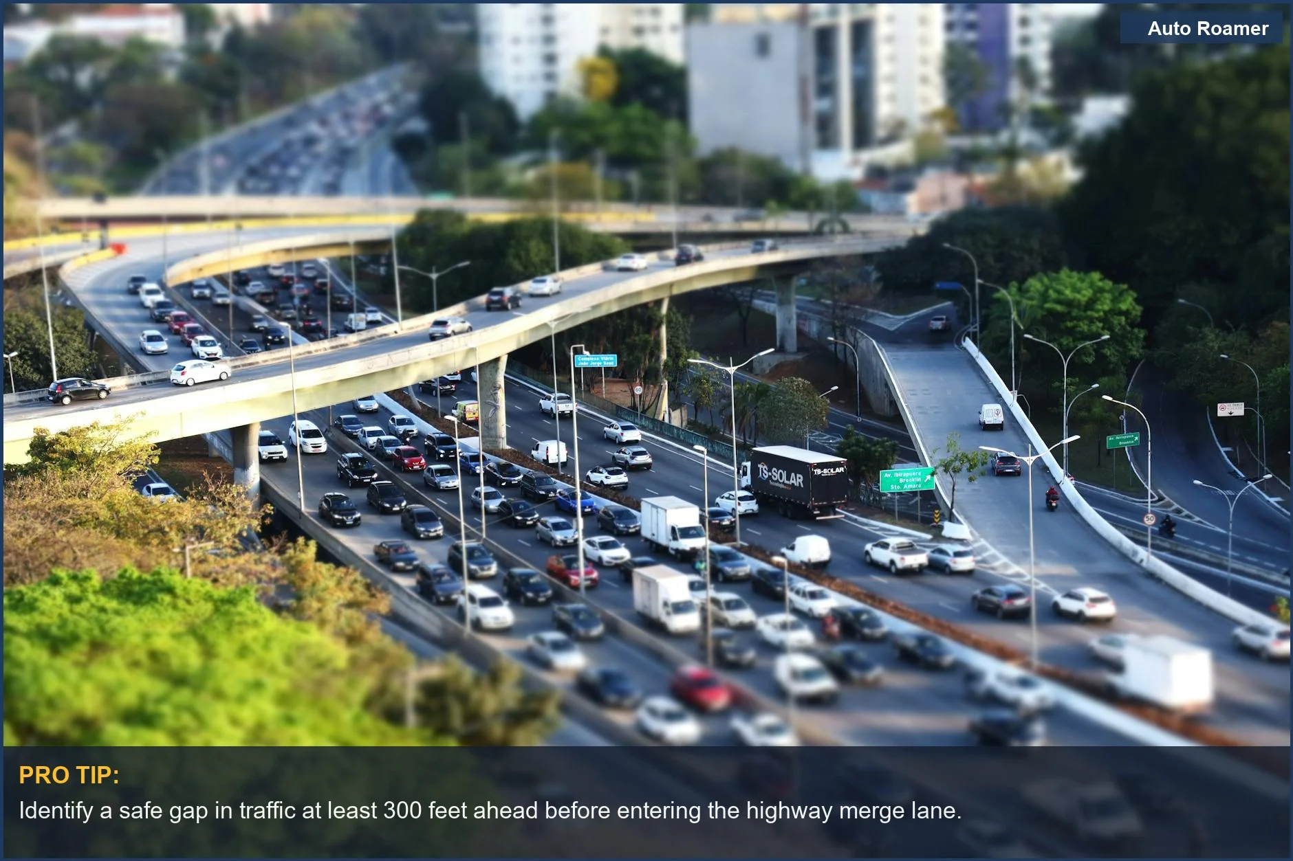 Dense multi-level urban highway traffic with tilt-shift effect, demonstrating complex merging scenarios.