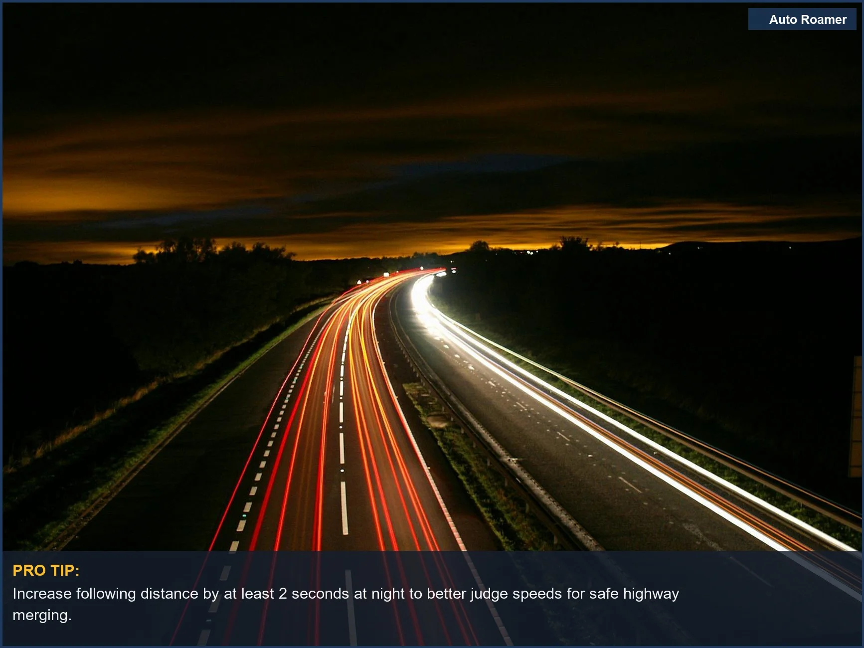 Long exposure of a highway at night with streaking car lights, symbolizing the flow of highway merging.