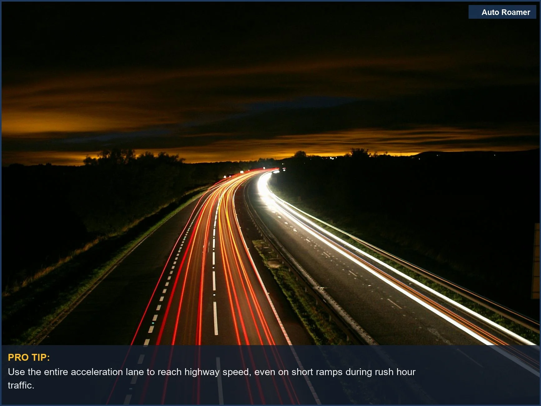 Long exposure highway at night with streaking car lights, demonstrating the challenge of merging during rush hour.