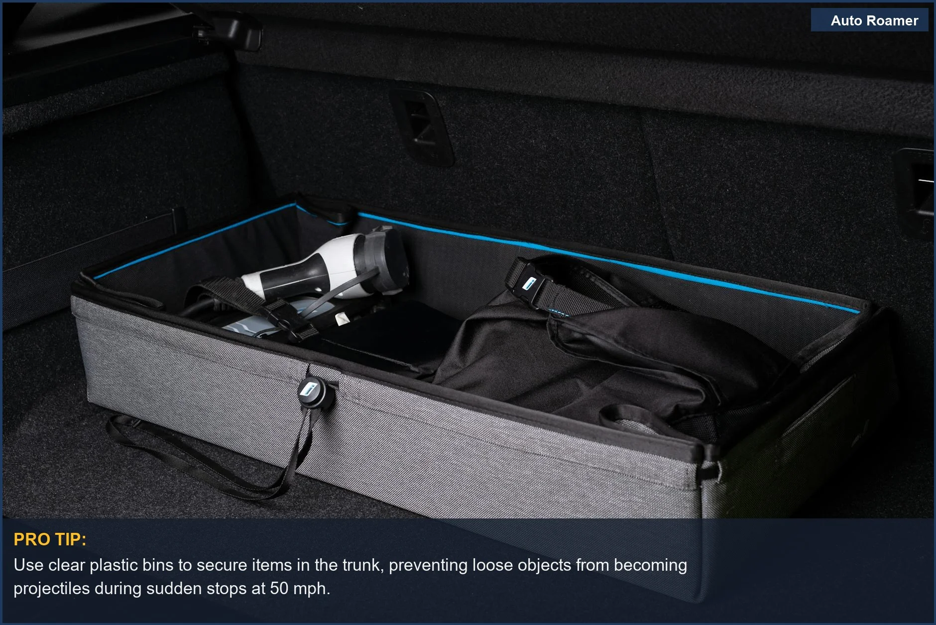 Well-arranged car trunk showing storage boxes and gear, essential for car organization for family road trip safety.
