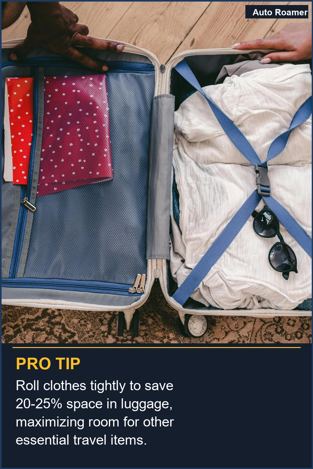 Roll clothes tightly to save 20-25% space in luggage, maximizing room for other essential travel items.