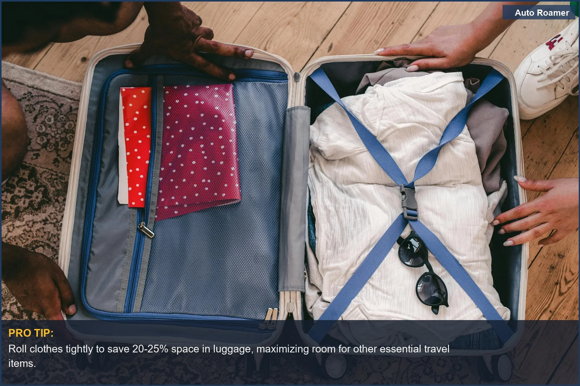 View of a neatly packed open suitcase with essentials, demonstrating excellent road trip car organization tips.