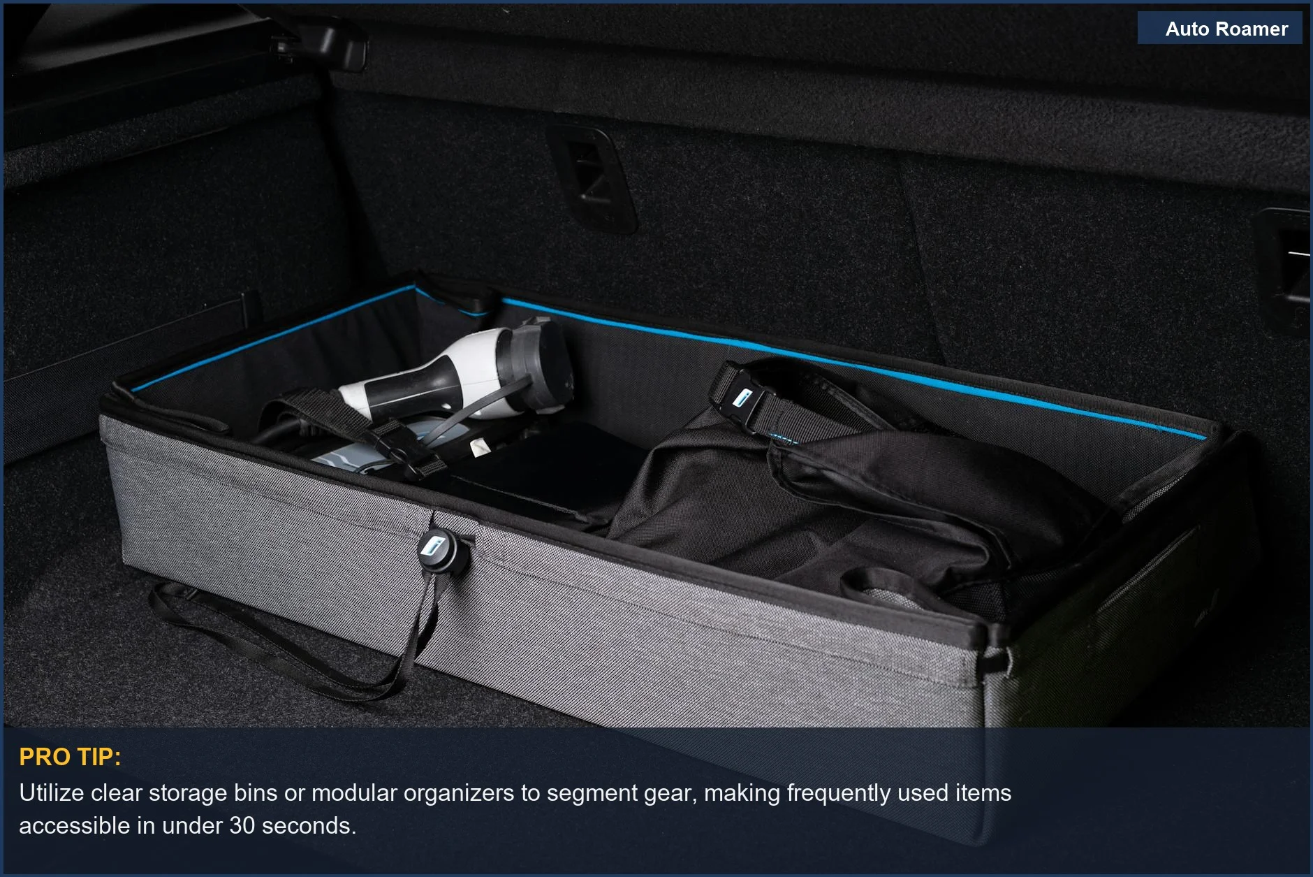 Efficiently organized car trunk for a road trip, featuring a sturdy storage box and neatly packed travel gear.