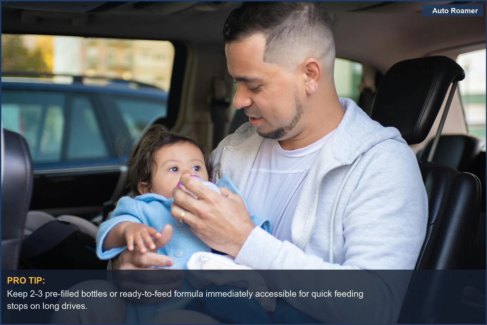 A heartwarming scene of a caring father feeding his baby a bottle inside a car, essential for road trip with baby comfort.