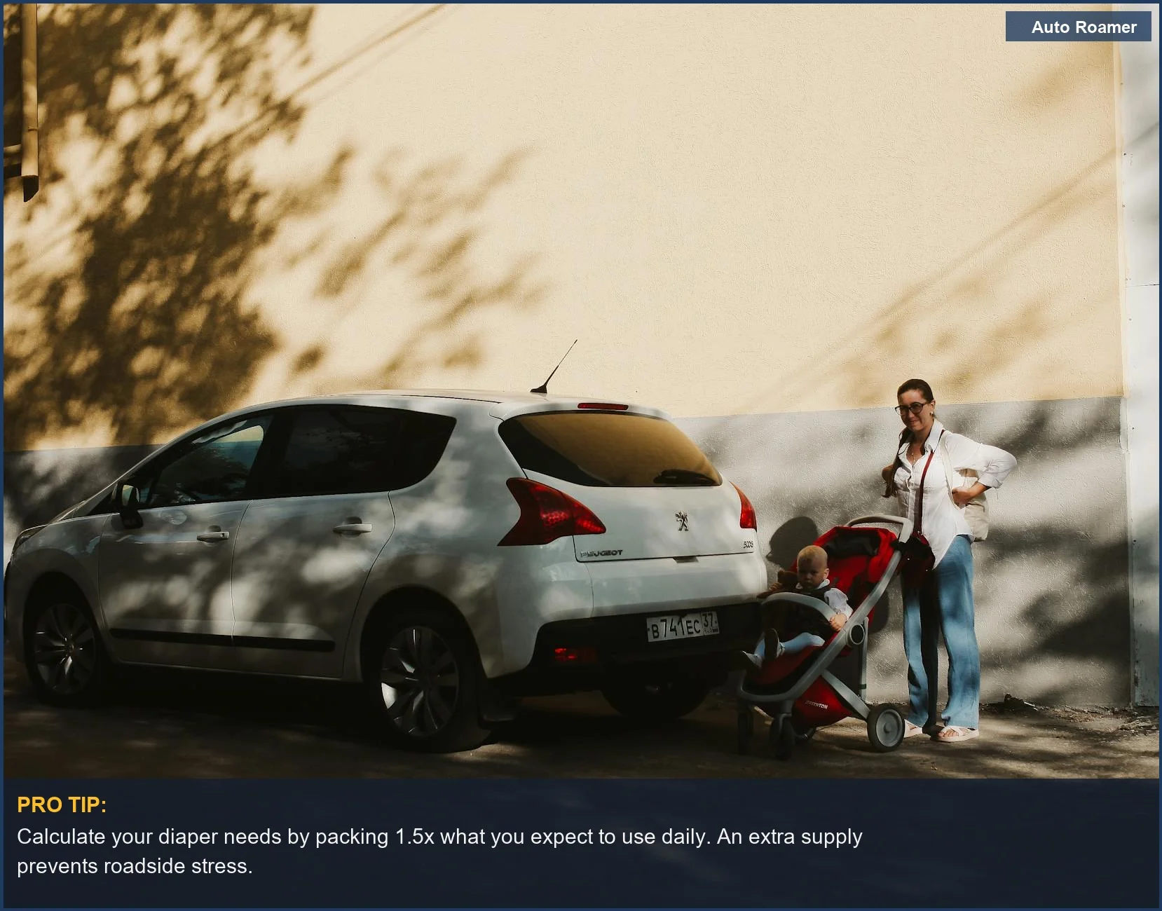 Illustrating family travel, a mother and child with a stroller beside a car, underscoring how to prepare a diaper bag for road trip.