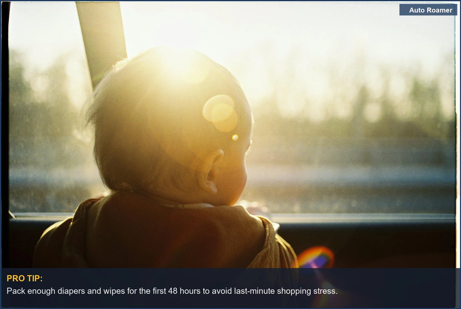 Baby looking out car window at sunset, showcasing baby travel packing tips for a scenic journey.