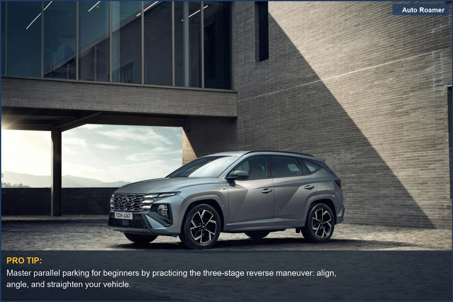 Beginner driver learning how to parallel park a sleek Hyundai SUV on a city street with modern buildings.