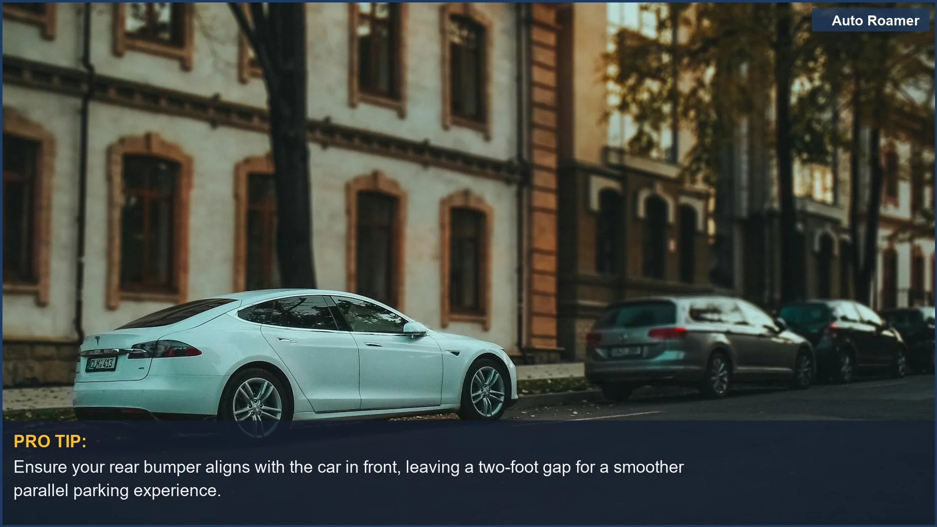 Side view of a white sedan parked perfectly on a tree-lined urban street, illustrating successful parallel parking.