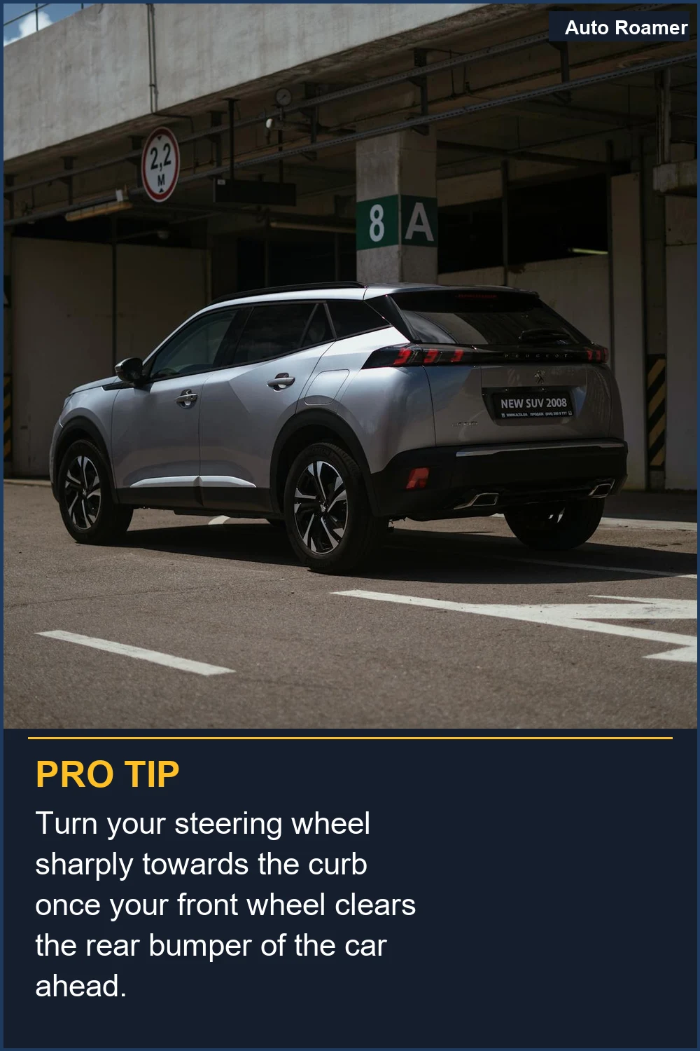 Turn your steering wheel sharply towards the curb once your front wheel clears the rear bumper of the car ahead.