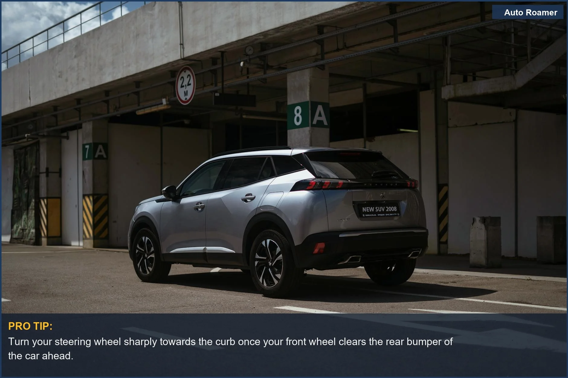 Silver SUV parked in an urban car park, demonstrating successful parallel parking in a tight spot.
