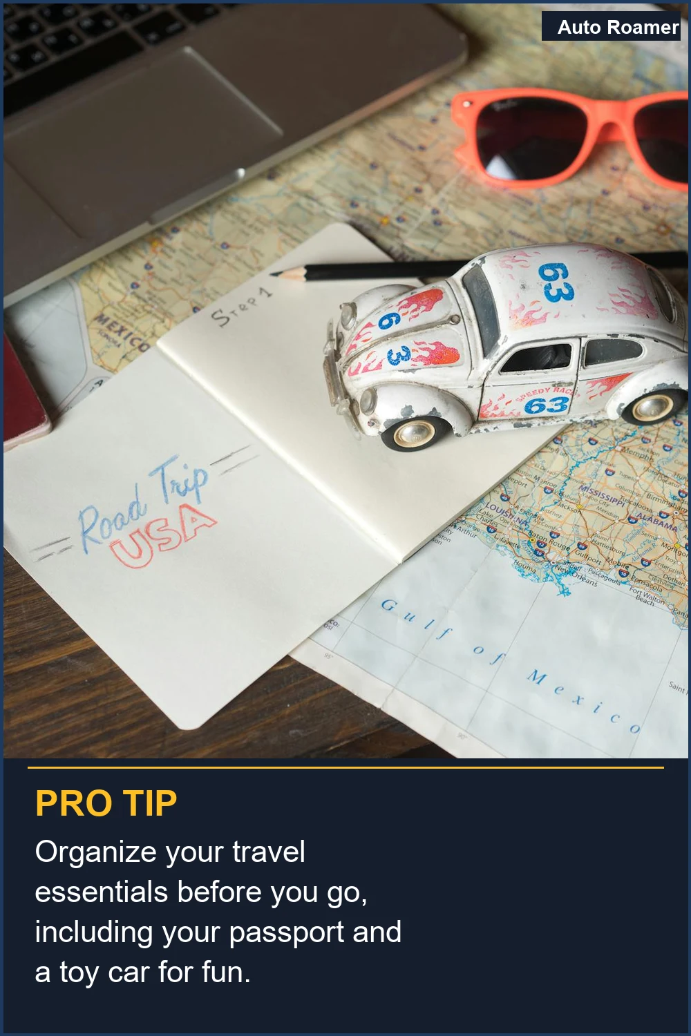 Organize your travel essentials before you go, including your passport and a toy car for fun.