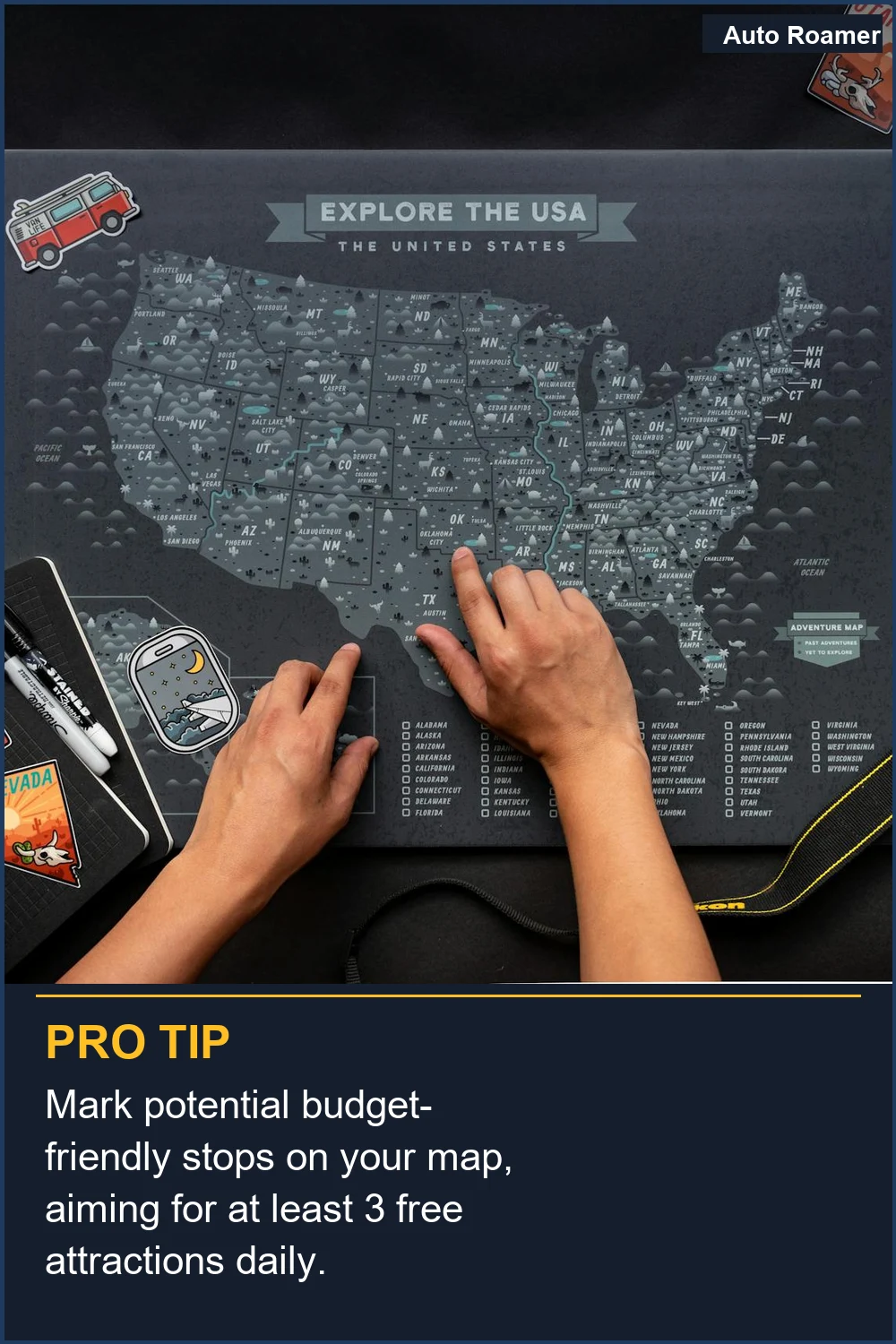 Mark potential budget-friendly stops on your map, aiming for at least 3 free attractions daily.