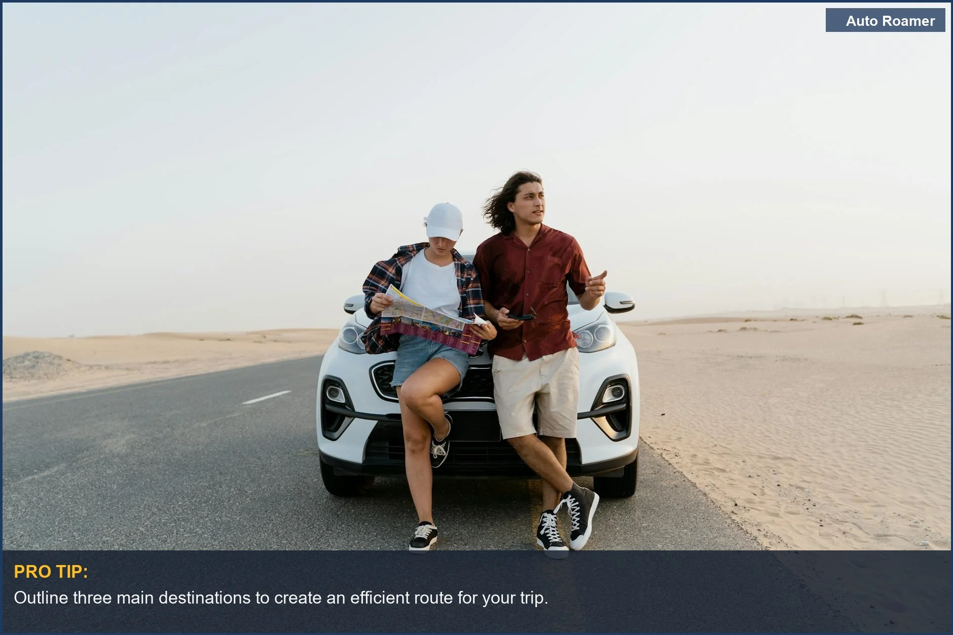 Couple reviewing a map next to their car in a desert landscape while planning a cross-country road trip route.