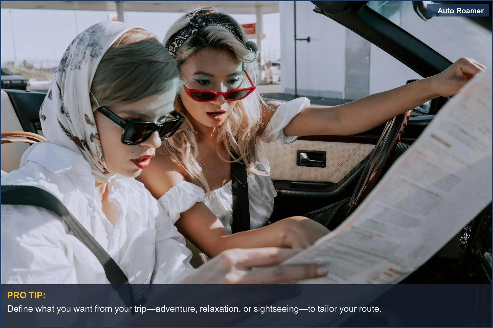 Two women exploring a road map in a car while enjoying their adventurous road trip.