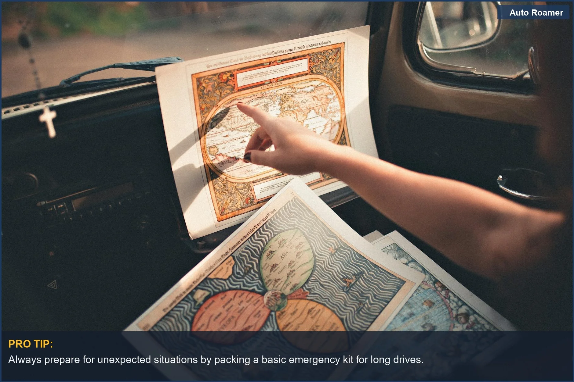 Woman examining old maps inside a vintage car, evoking a sense of adventure while planning a road trip.