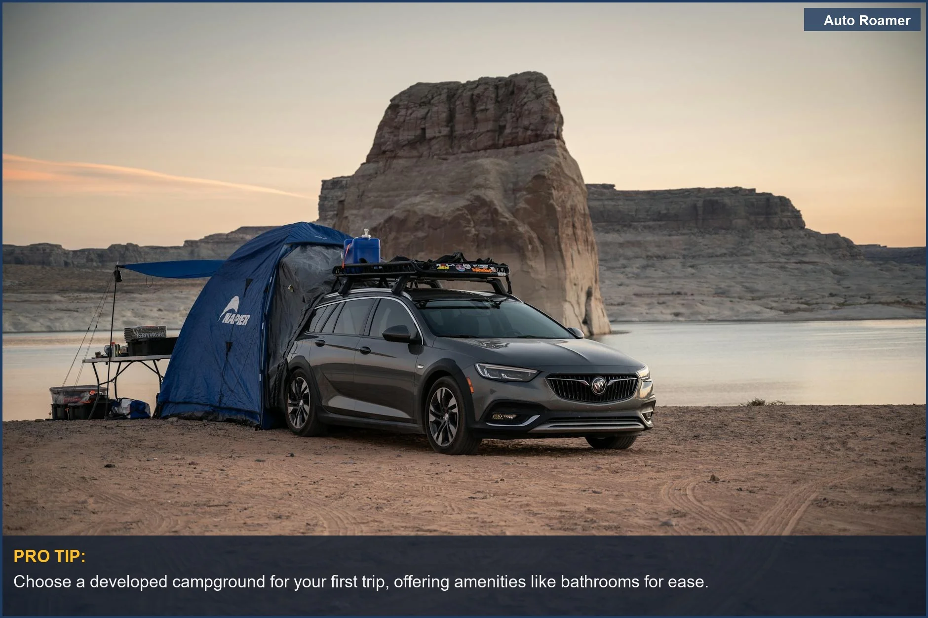 Car parked beside a tent at Lake Powell, ideal for a desert car camping trip planning.