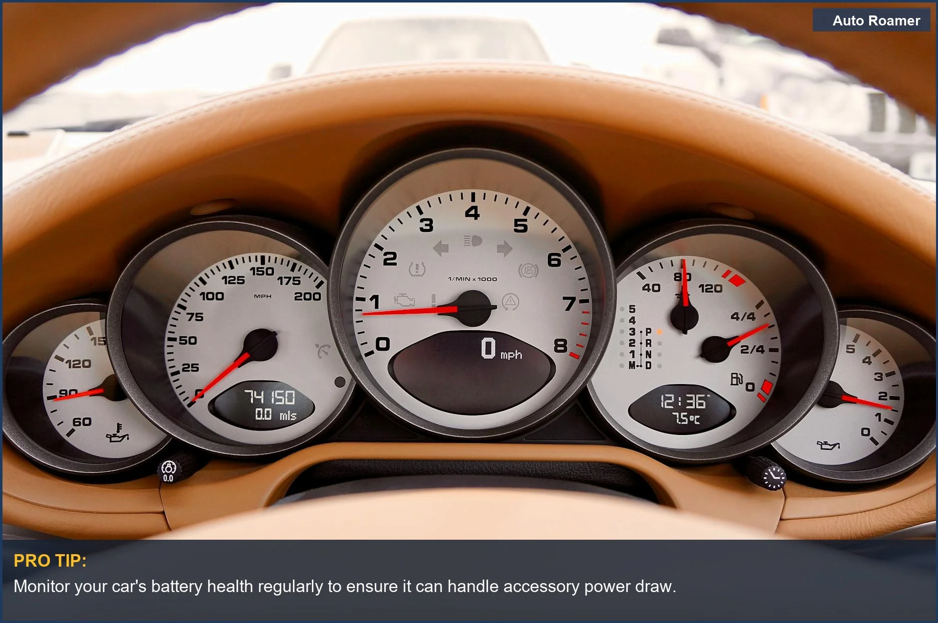 Close-up of car dashboard gauges, including speedometer and odometer, crucial for monitoring vehicle power.