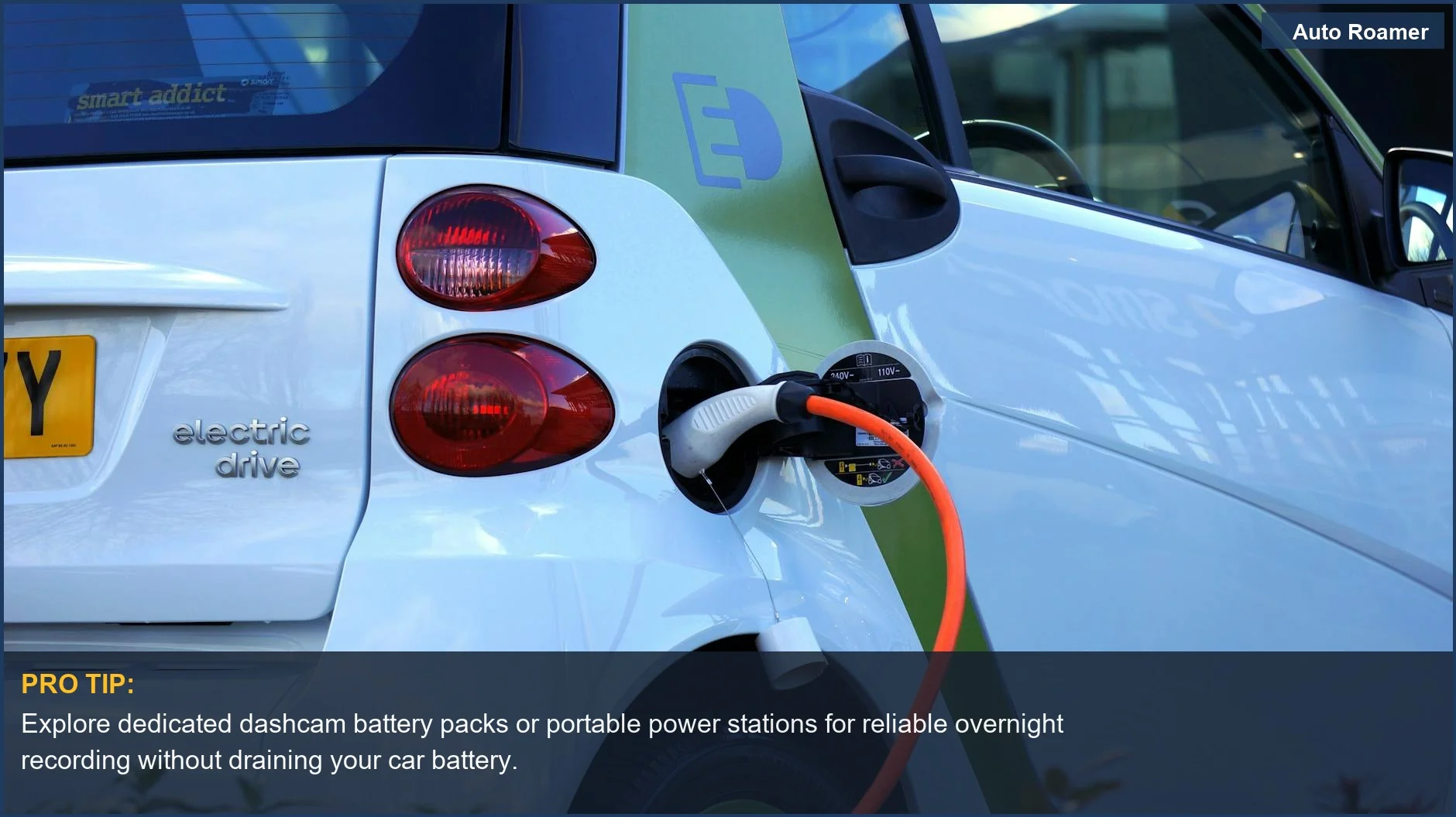 Electric car charging station, demonstrating a powerful external energy source for overnight dashcam power.