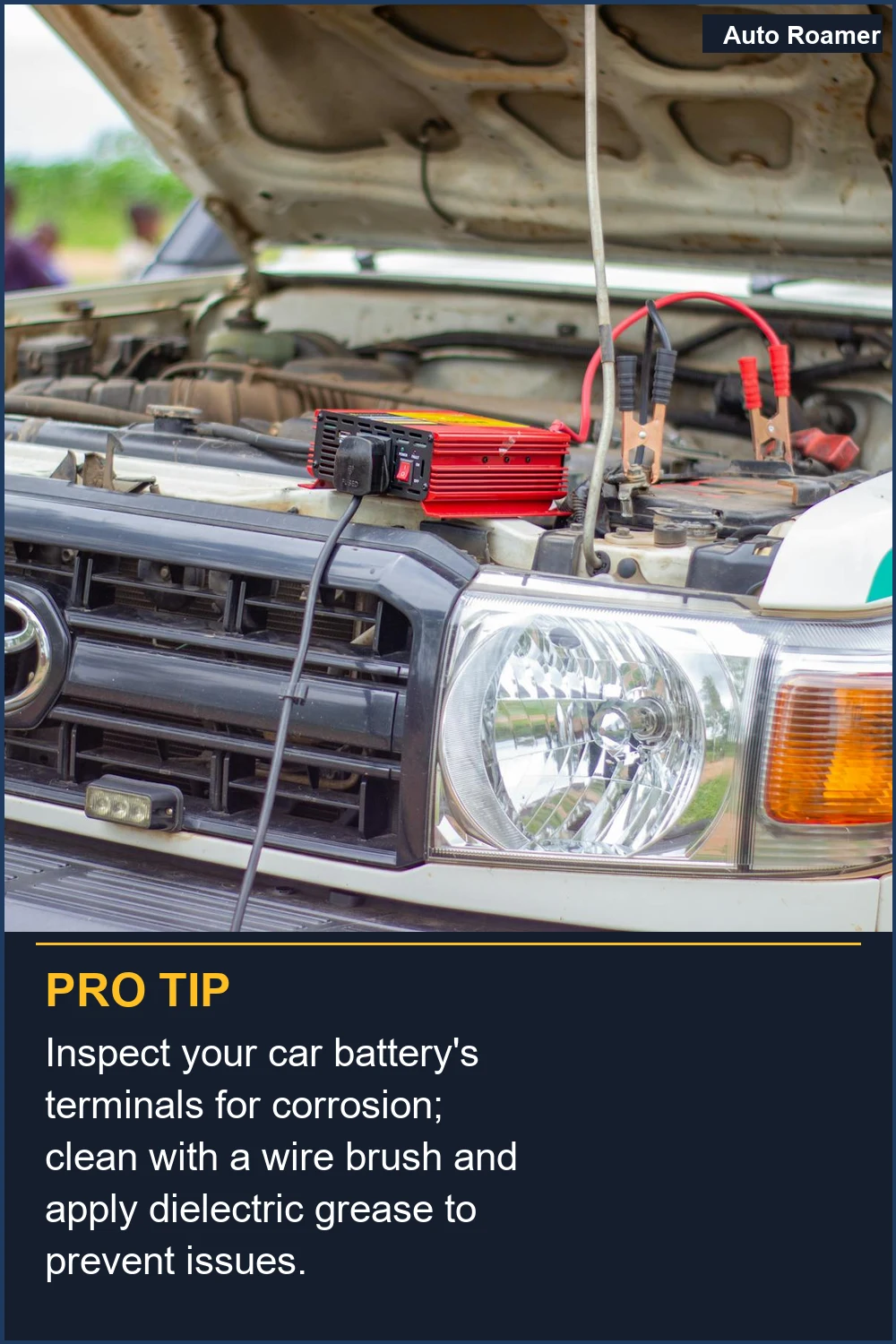 Inspect your car battery's terminals for corrosion; clean with a wire brush and apply dielectric grease to prevent issues.