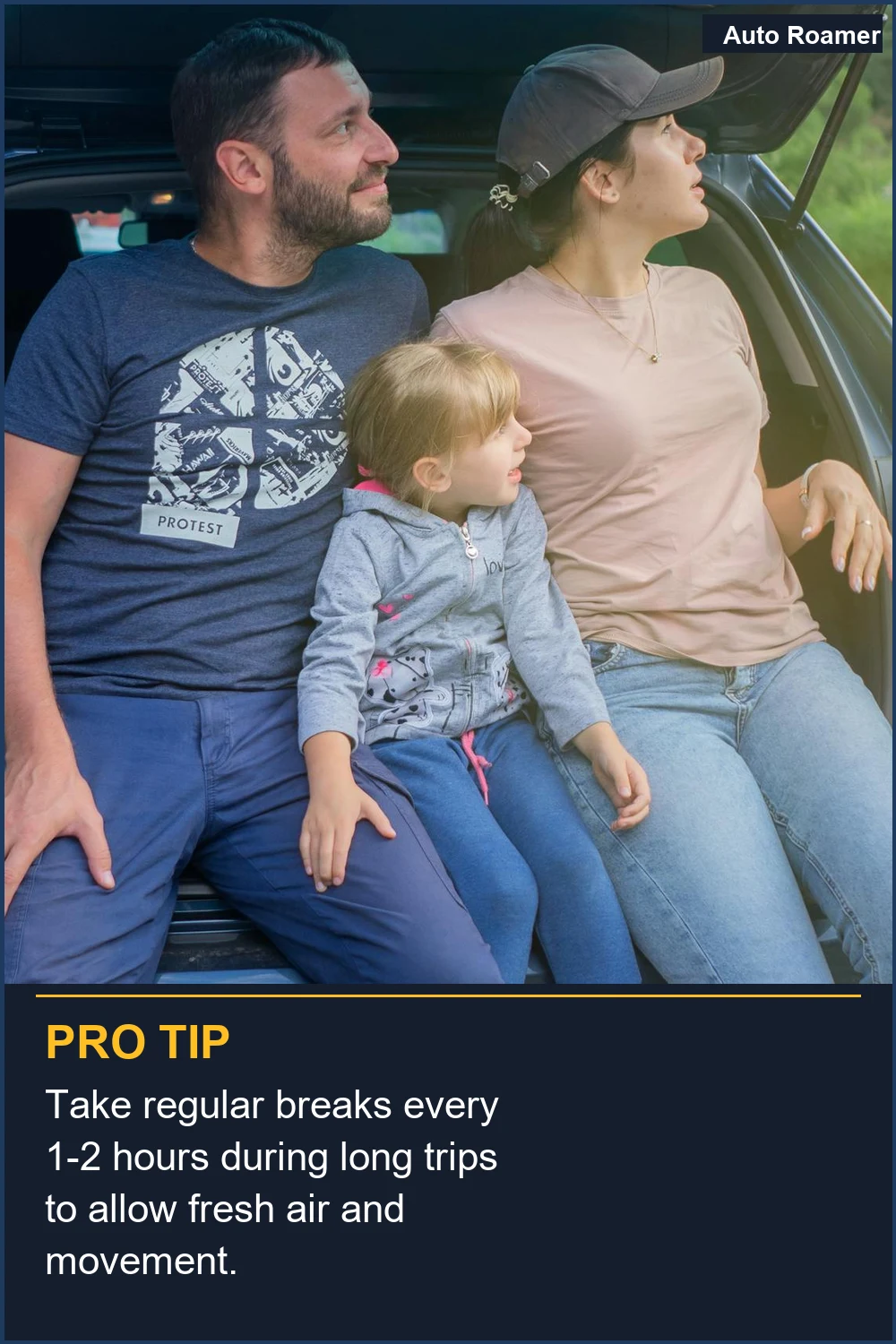 Take regular breaks every 1-2 hours during long trips to allow fresh air and movement.