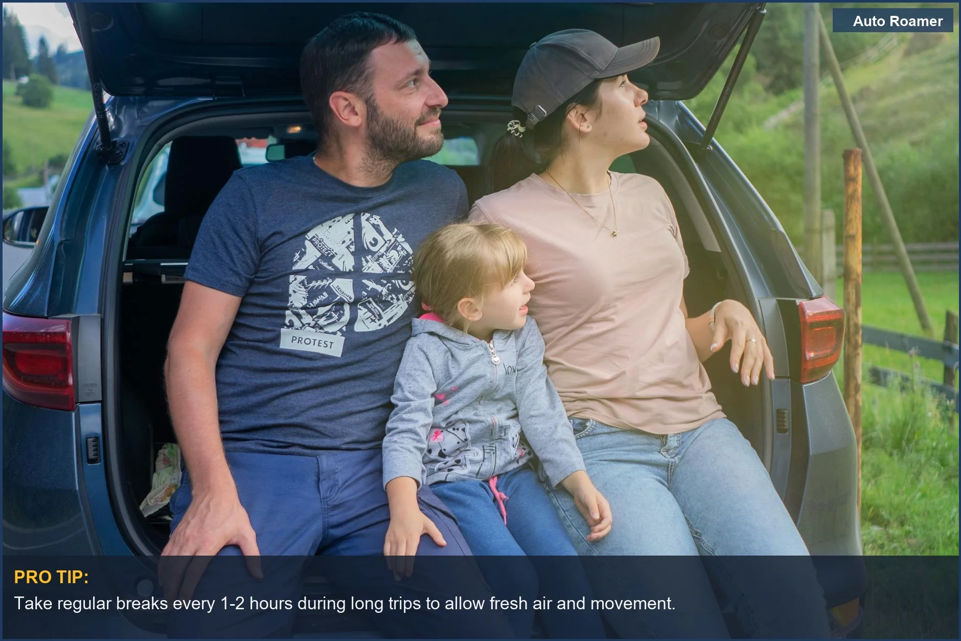 Family enjoying an outdoor adventure from a car trunk, demonstrating a relaxed environment to help alleviate car sickness in kids.