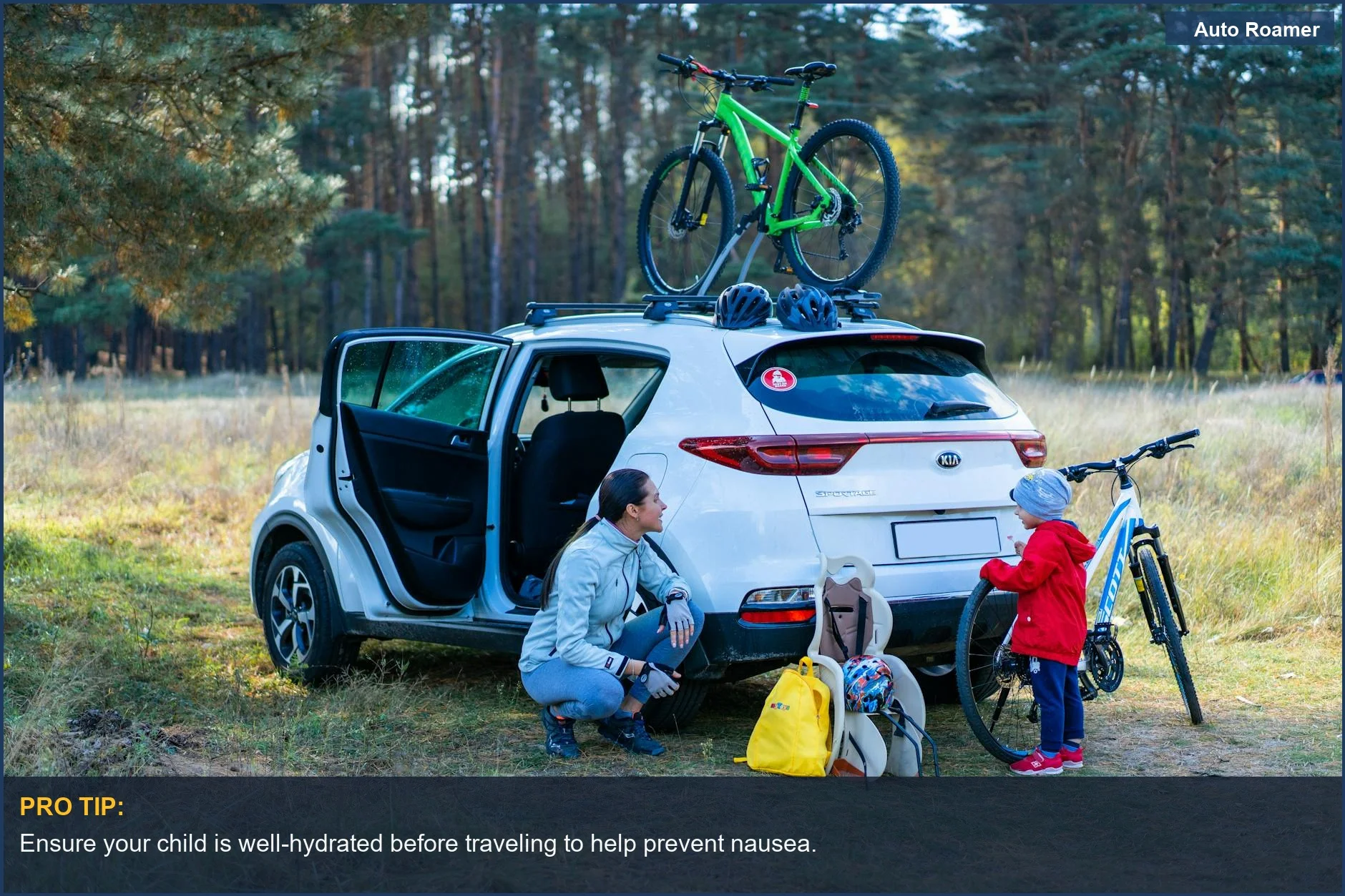 Mother and child gearing up for cycling in a park with a parked car, representing safety measures against car sickness in kids.