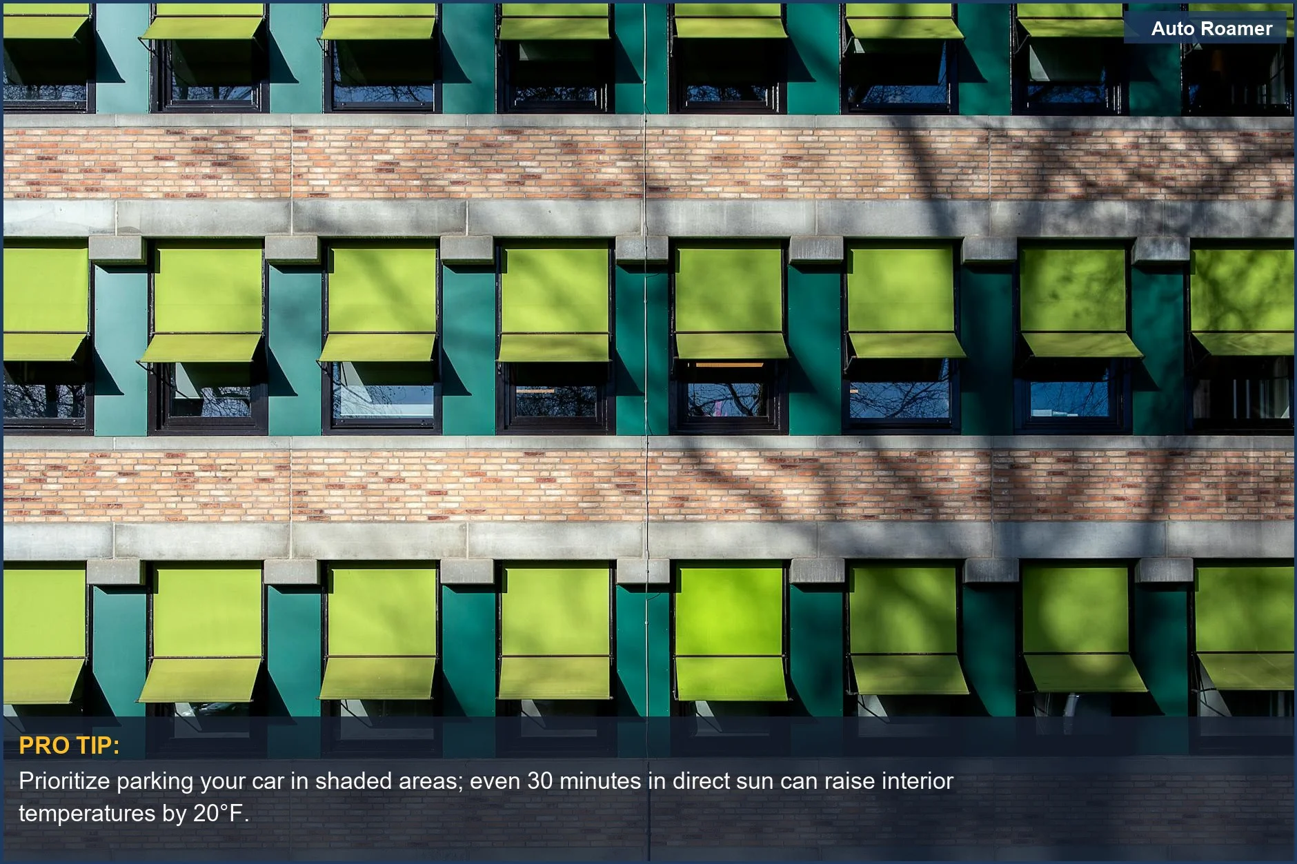 Vibrant green sunshades on a brick building illustrate how external shading can effectively help prevent dashcam overheating inside vehicles.