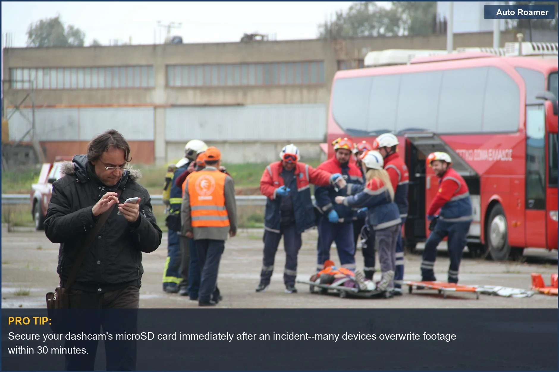 Emergency responders assist at a roadside accident scene, highlighting the chaotic environment where quick reading dashcam footage after an accident is vital.