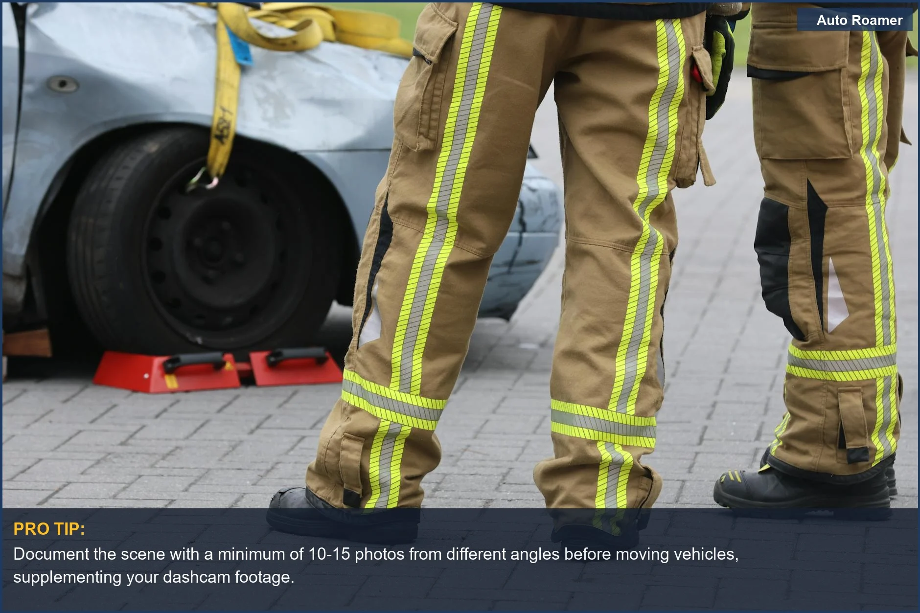 Firefighters inspect a car accident scene, illustrating the chaos where knowing how to read dashcam footage after an accident is vital for accurate reporting.