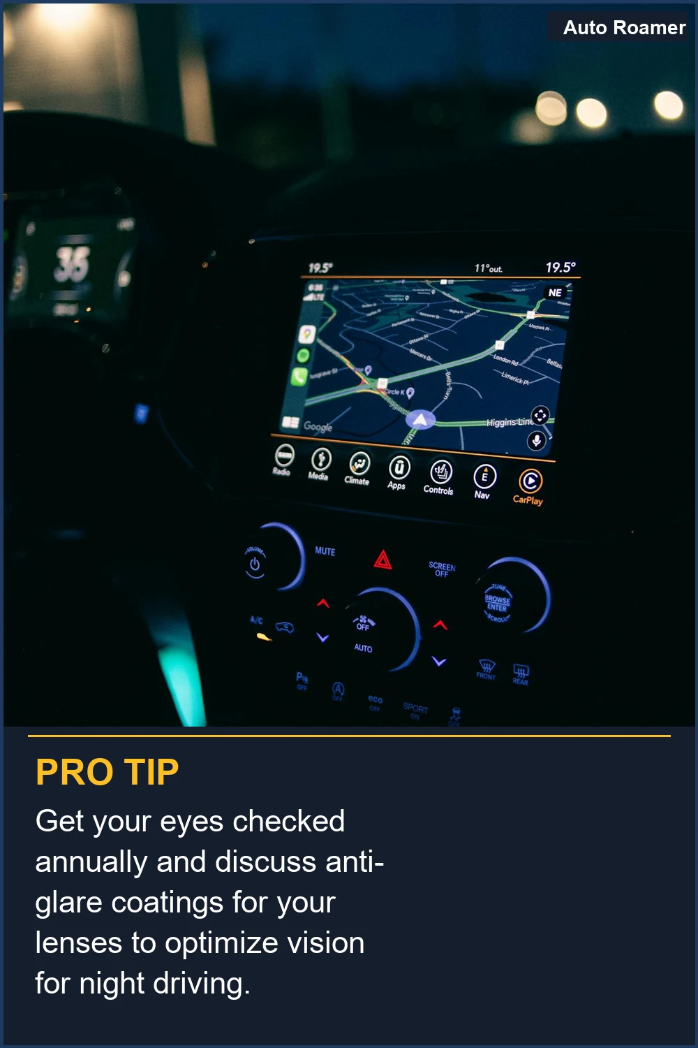 Get your eyes checked annually and discuss anti-glare coatings for your lenses to optimize vision for night driving.