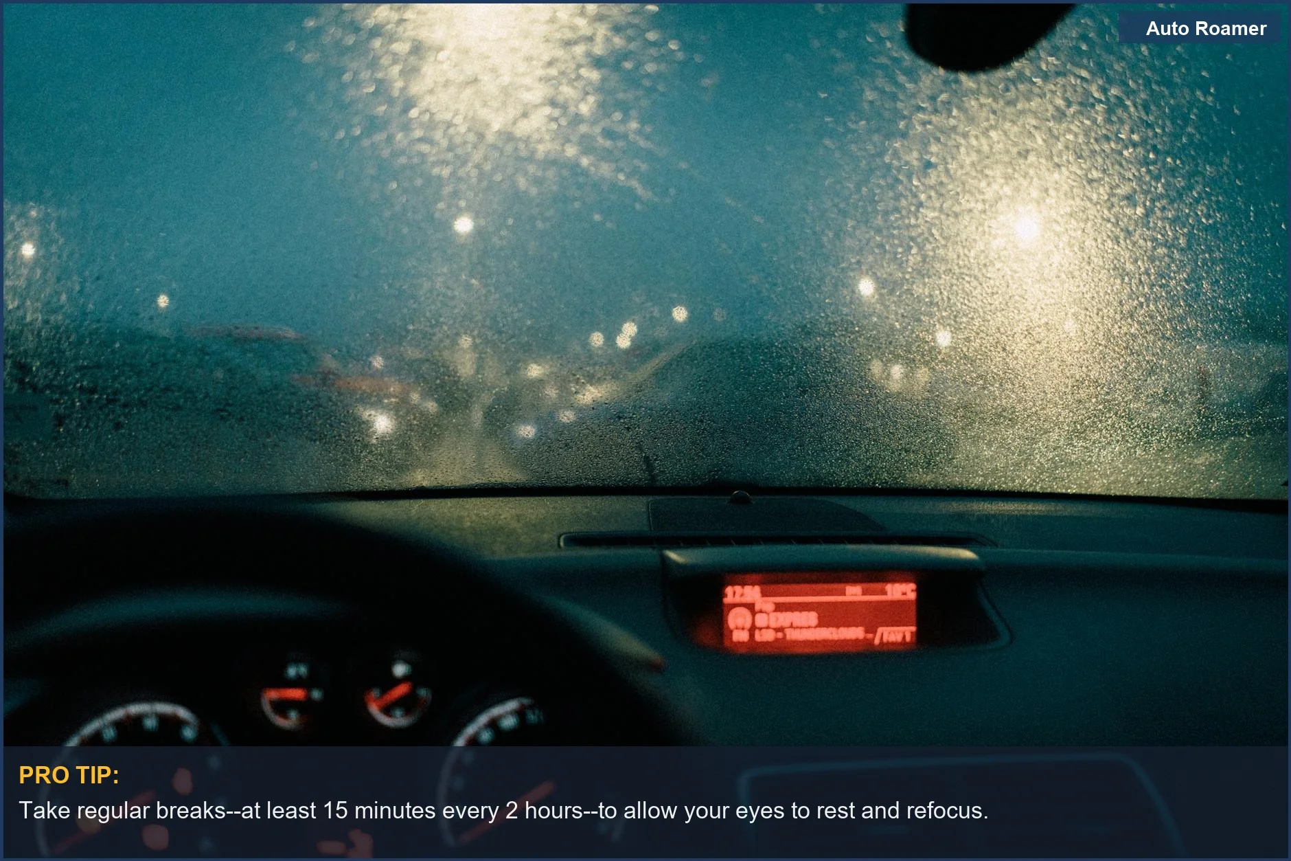 This atmospheric view from a car interior, with raindrops on the windshield and blurred city lights, helps reduce eye strain on long drives at night.