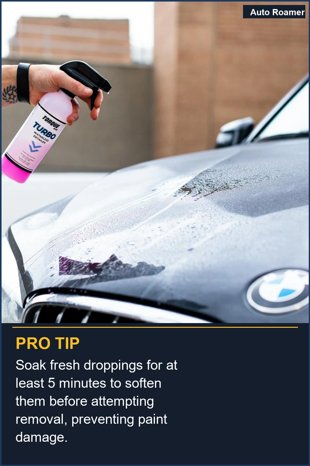 Soak fresh droppings for at least 5 minutes to soften them before attempting removal, preventing paint damage.