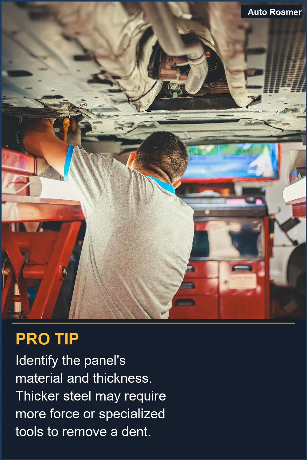 Identify the panel's material and thickness. Thicker steel may require more force or specialized tools to remove a dent.