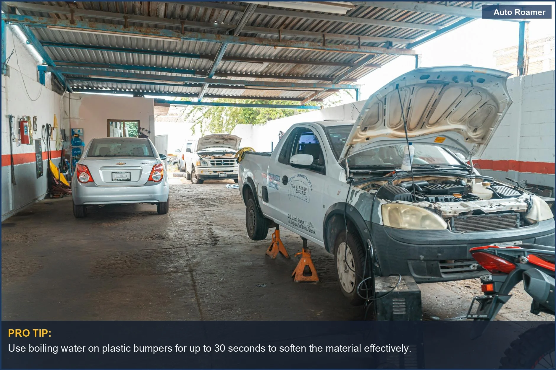 Plastic car bumper dent being treated with hot water for DIY dent removal.