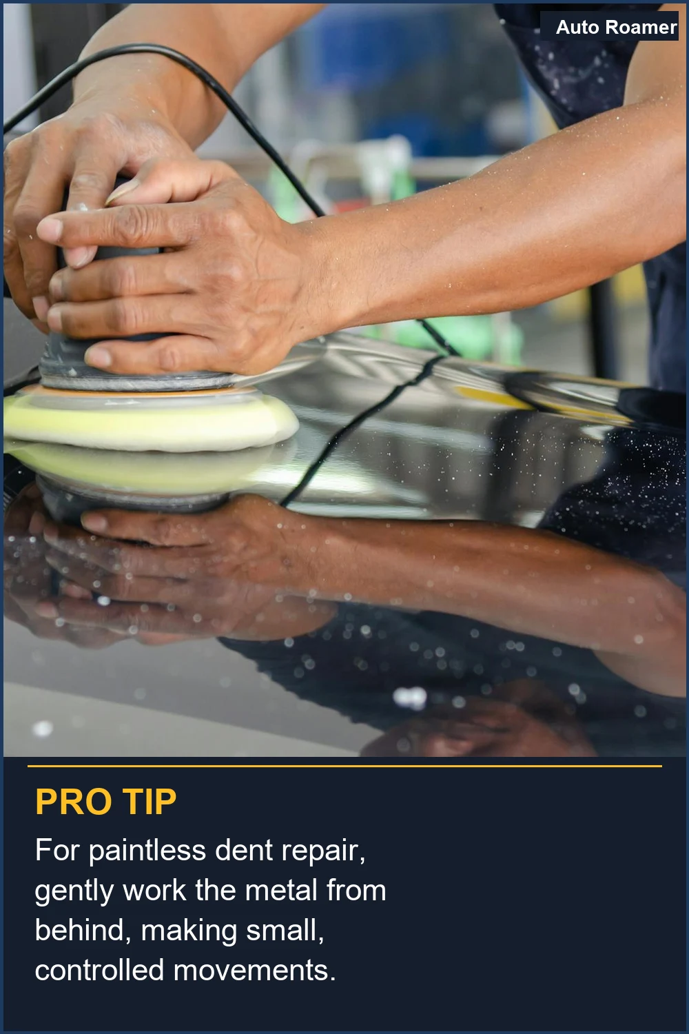 For paintless dent repair, gently work the metal from behind, making small, controlled movements.