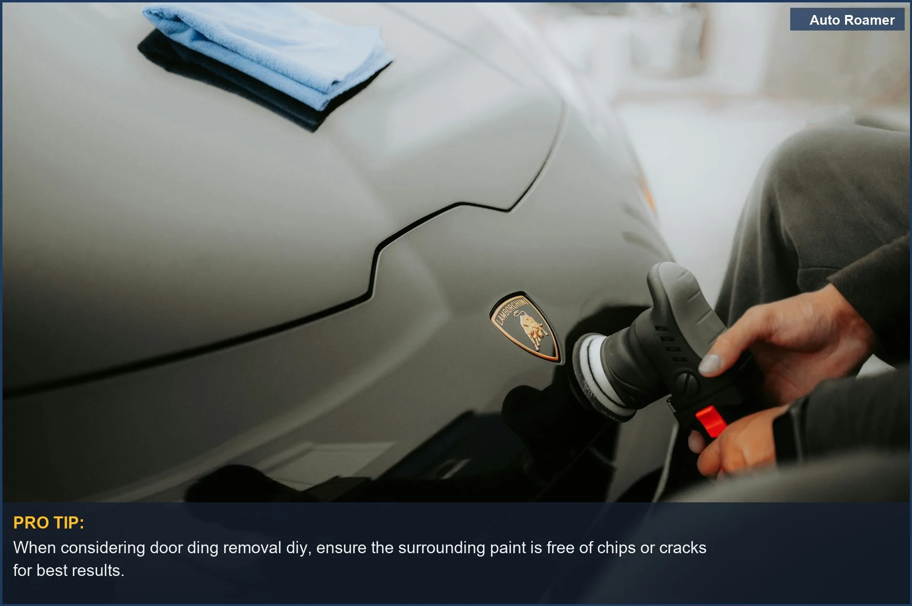 Detailed shot of a Lamborghini being polished, showing careful automotive care for door ding removal diy.