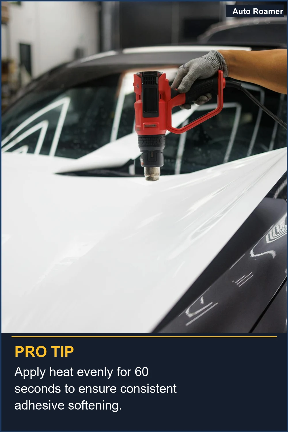 Apply heat evenly for 60 seconds to ensure consistent adhesive softening.