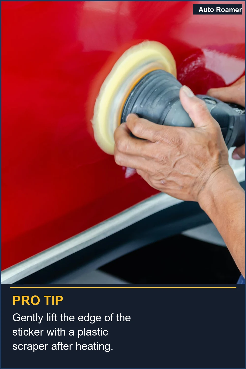 Gently lift the edge of the sticker with a plastic scraper after heating.