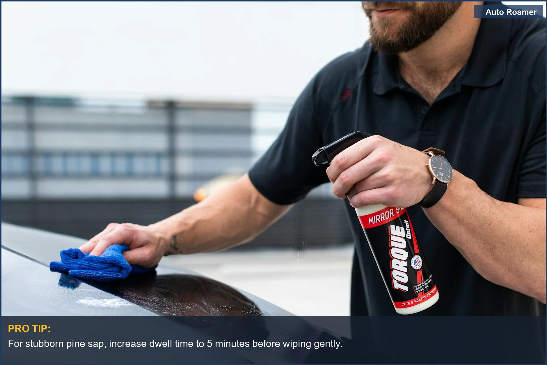 Man uses spray and cloth to clean car, achieving a shiny finish after removing tree sap.