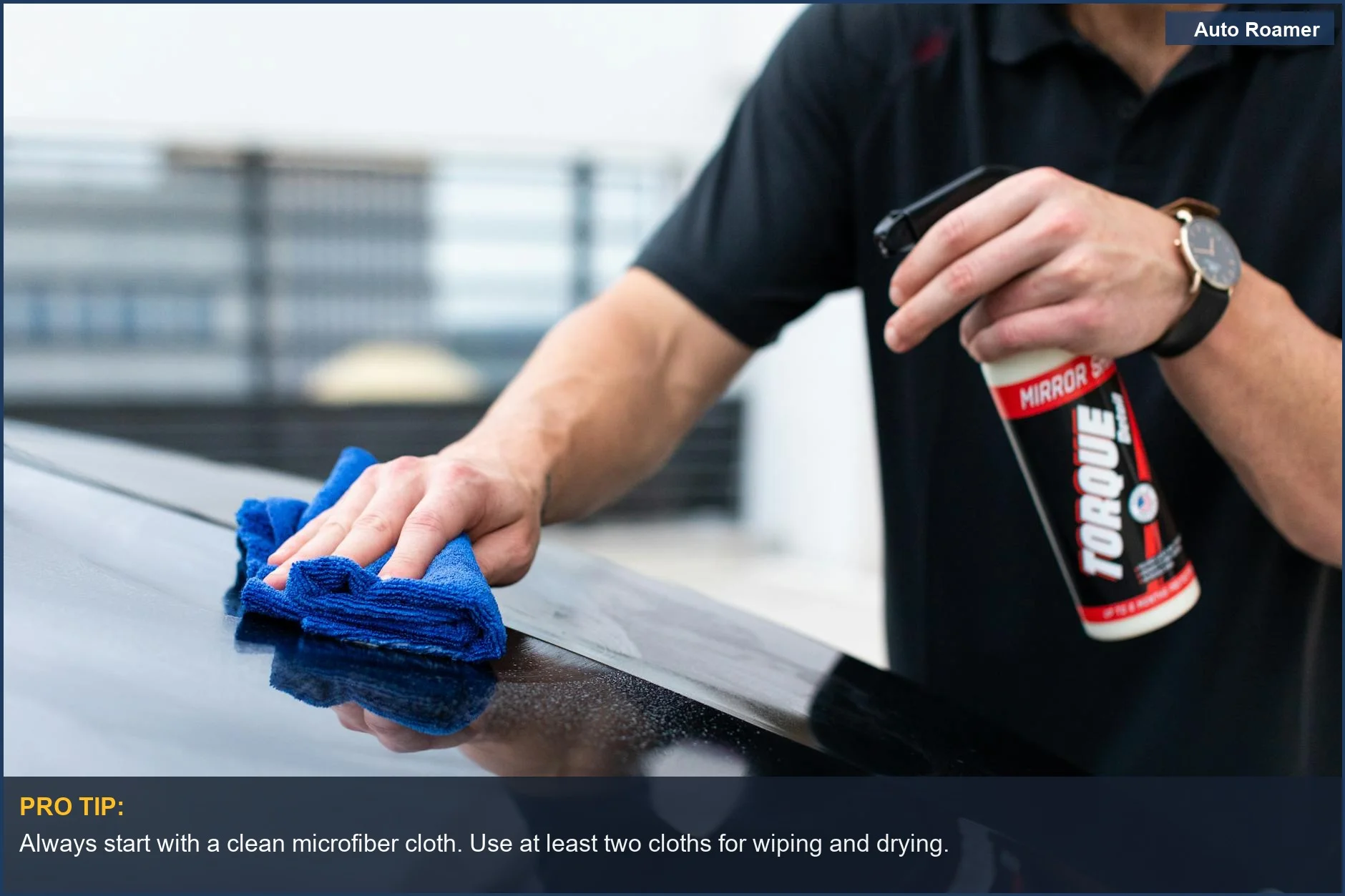 Hands cleaning car paint with microfiber cloth and spray, revealing a shiny surface without sap.