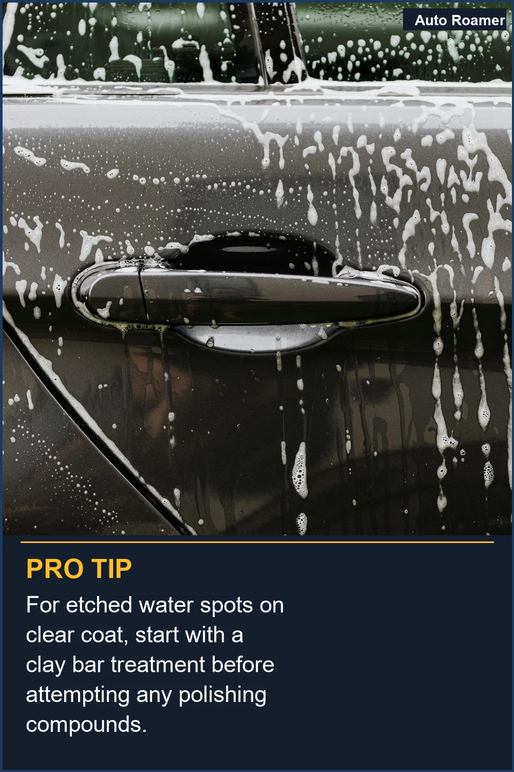 For etched water spots on clear coat, start with a clay bar treatment before attempting any polishing compounds.