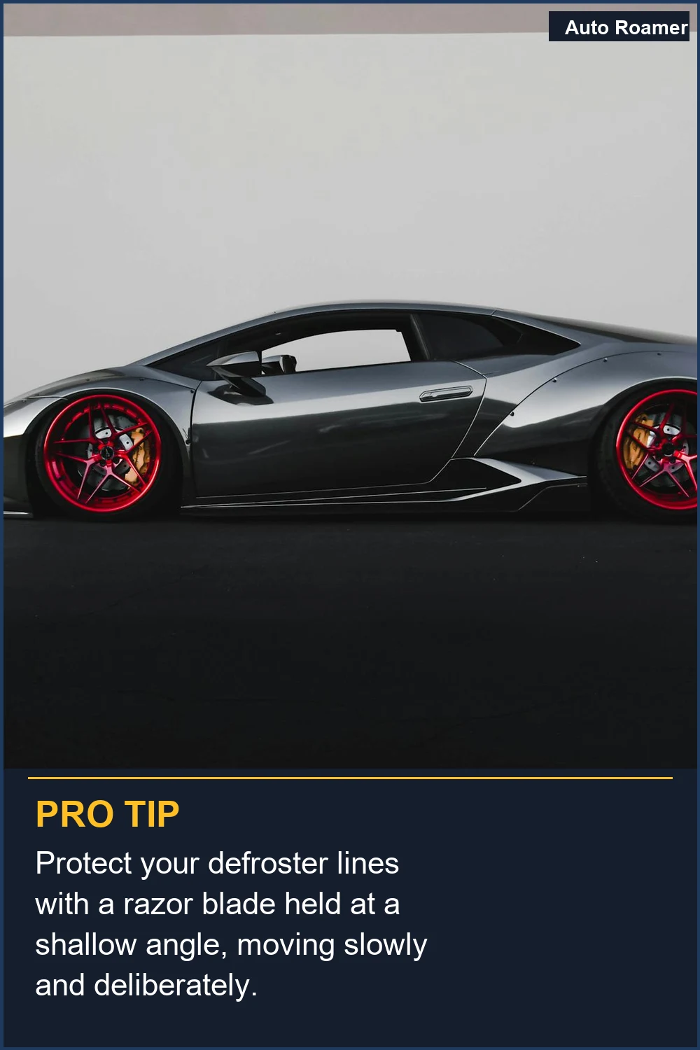 Protect your defroster lines with a razor blade held at a shallow angle, moving slowly and deliberately.