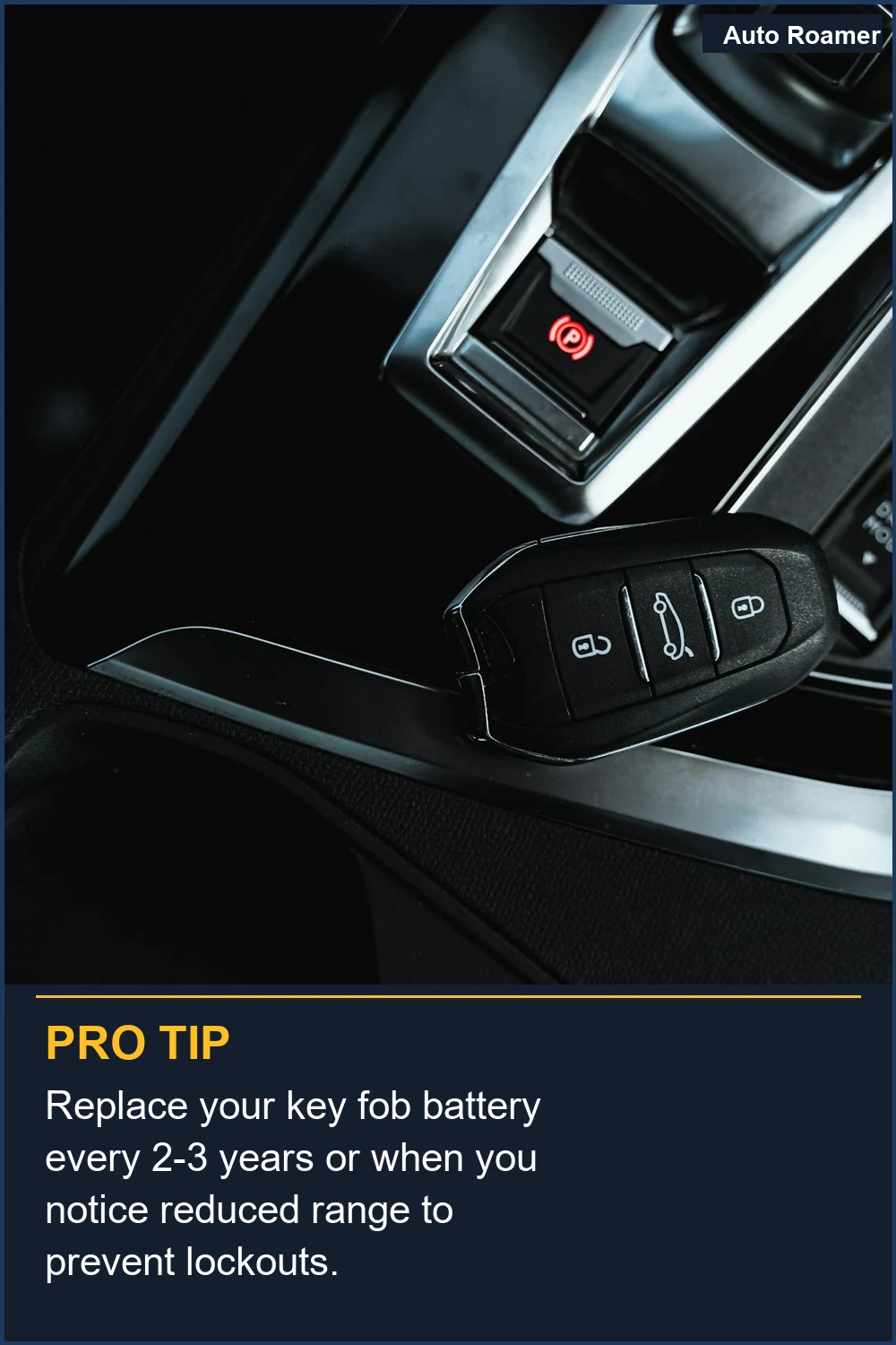 Replace your key fob battery every 2-3 years or when you notice reduced range to prevent lockouts.