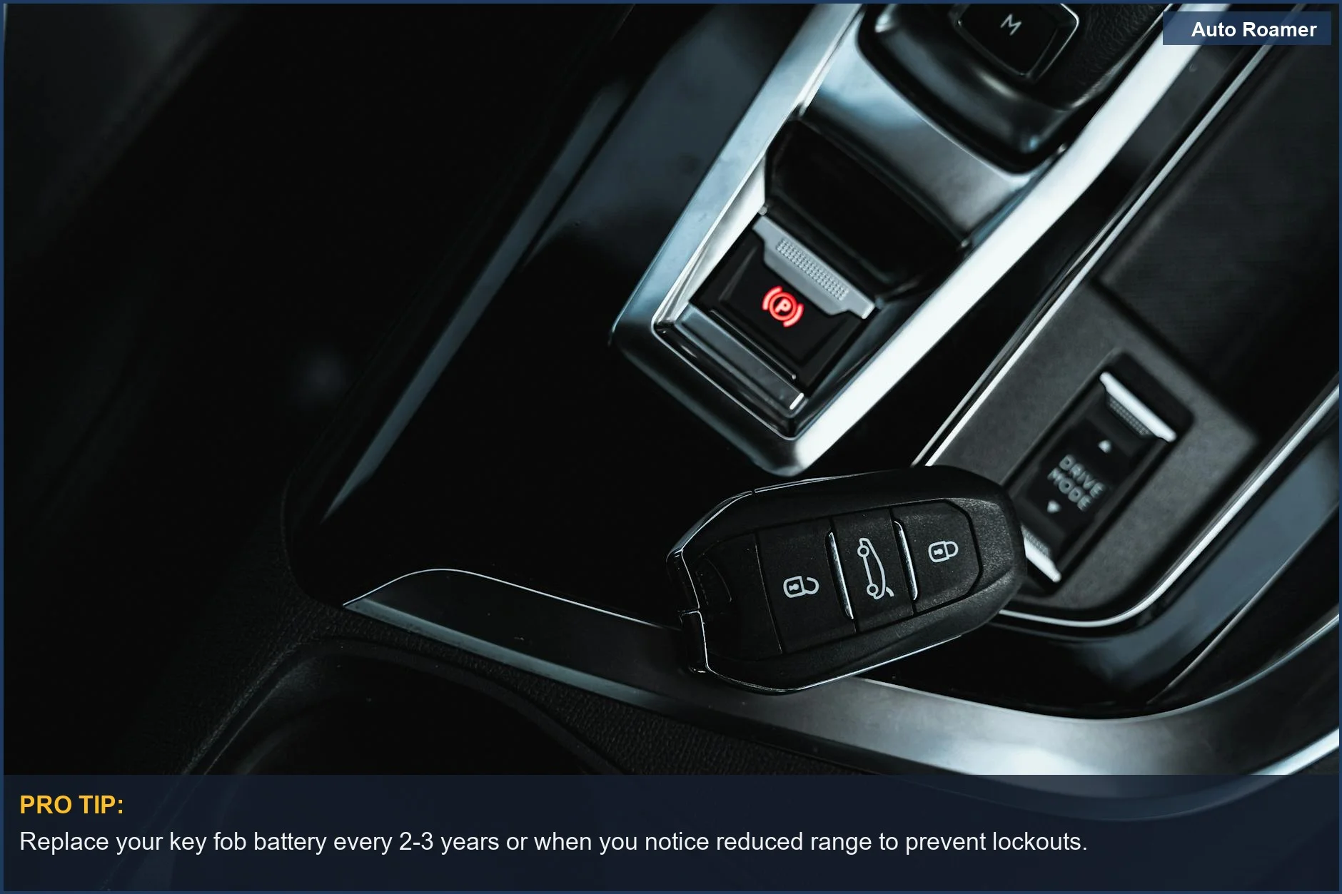 Modern car interior showing keyless fob and electronic handbrake