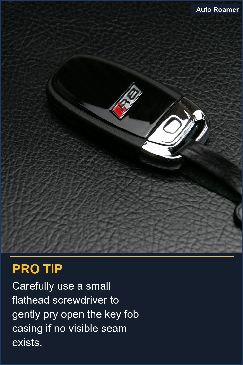 Carefully use a small flathead screwdriver to gently pry open the key fob casing if no visible seam exists.