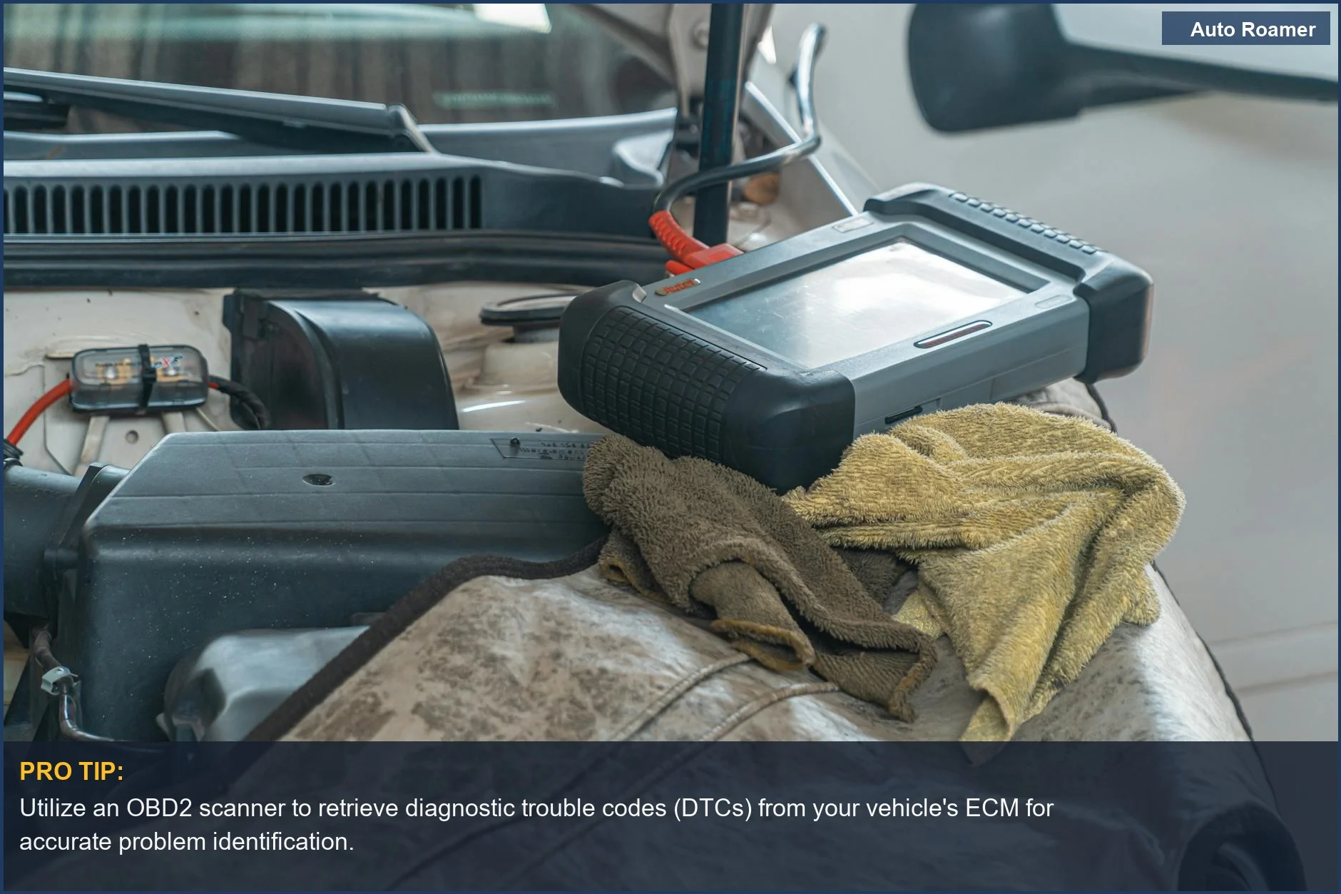 Mechanic using an OBD2 scanner tool to diagnose a car engine in a garage setting for repairs.