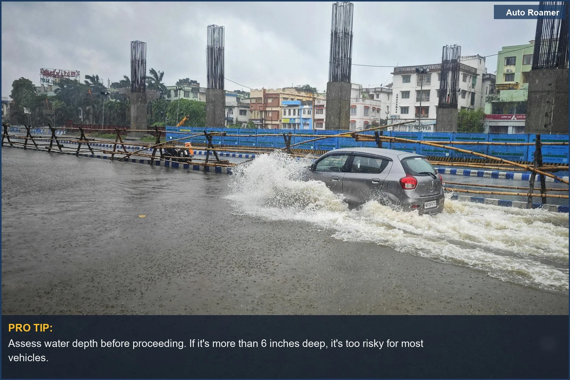 Image of a car splashing through a flooded street, illustrating the risks when driving safely through floodwaters.