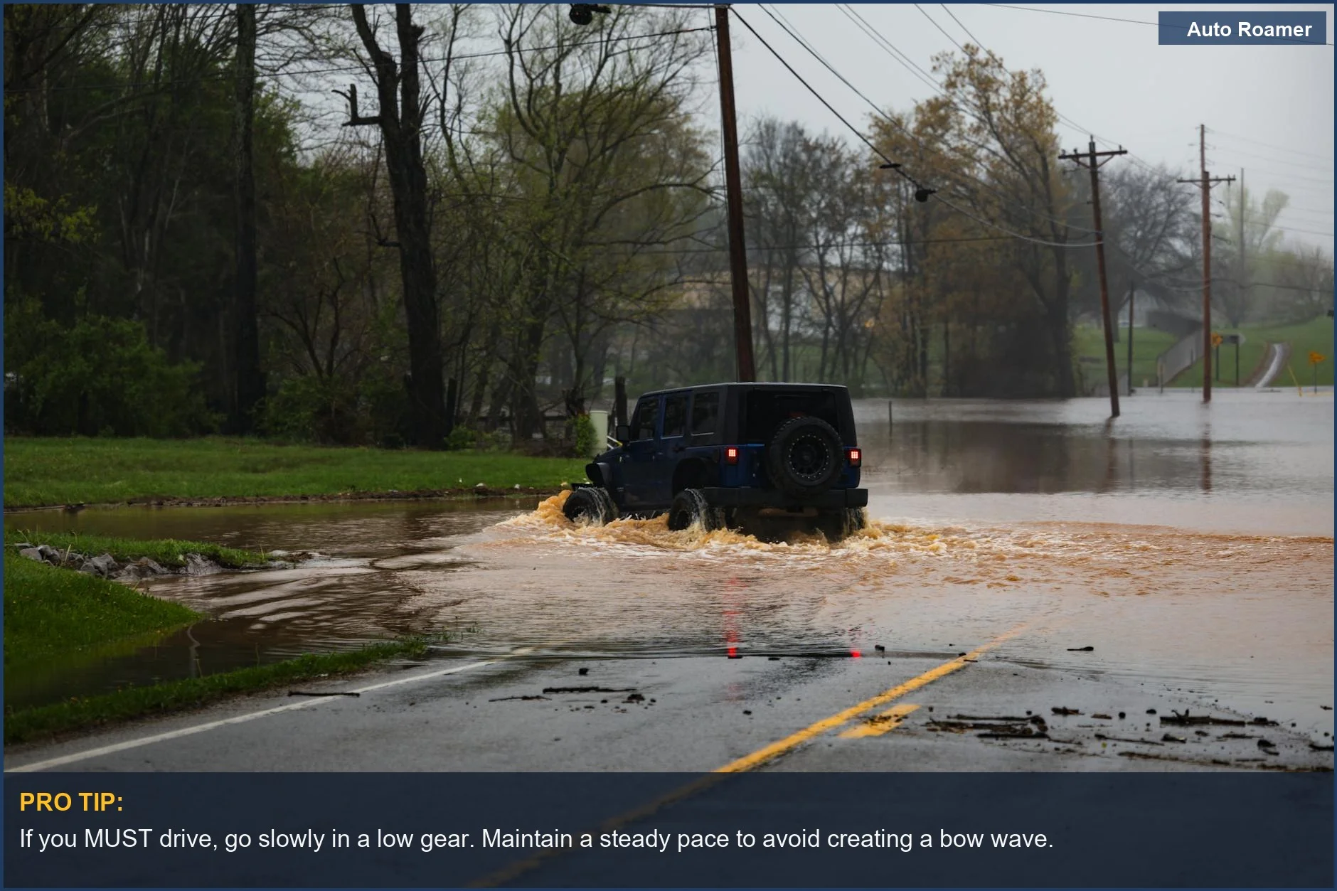 Photographic scene showing a jeep on a flooded road, providing a visual for how to safely drive through a flood.