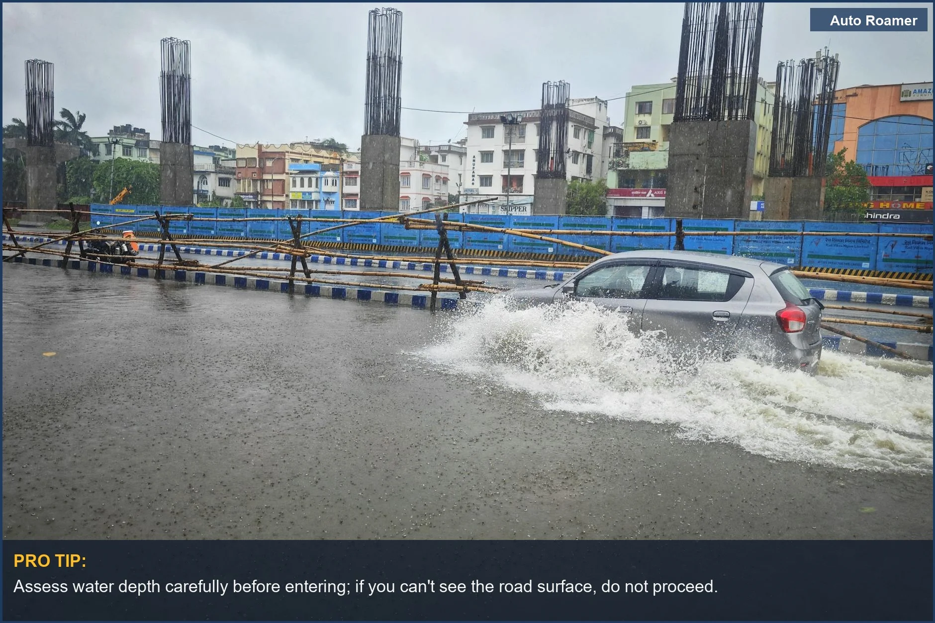 Car carefully driving on a flooded street in an urban setting after heavy rain, highlighting flood driving challenges.