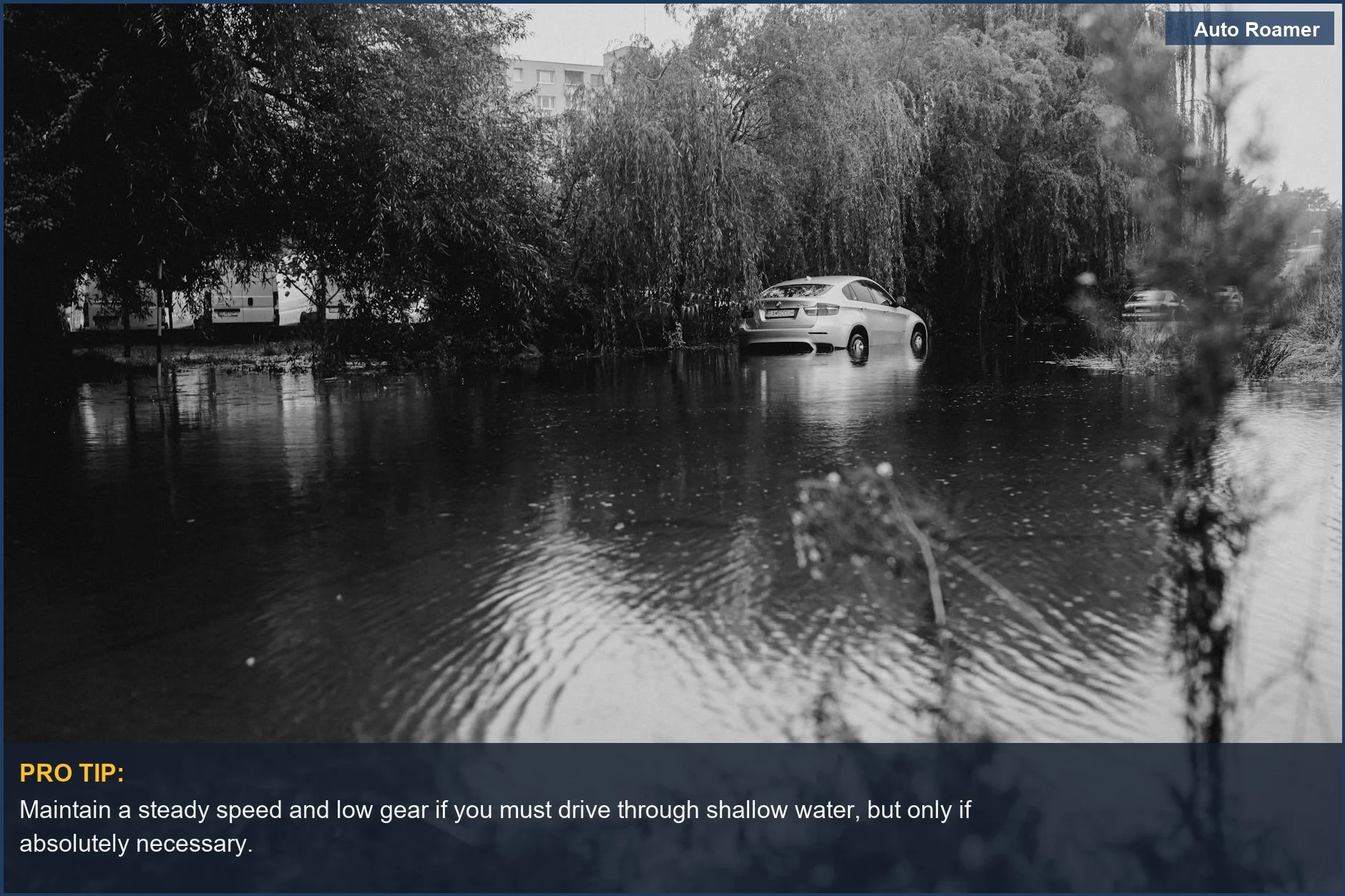 A car partially submerged in floodwaters on a rural road surrounded by trees, a stark natural disaster scene.